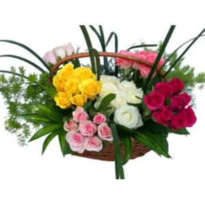 60 Mix Roses Basket for Mother's Day - Vibrant roses, classic basket, same day delivery Karachi