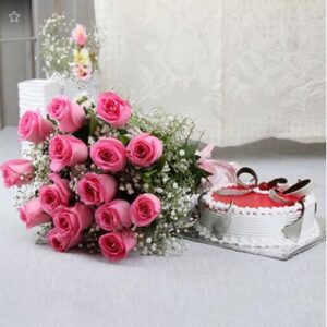 Strawberry Cake &15 Pink Roses