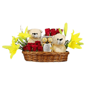 Send Classic Love Basket to Karachi: red roses, teddy bear, Ferrero chocolates, same-day delivery