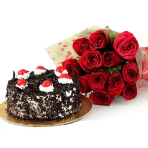 12 roses and Black Forest cake, fast delivery in Karachi