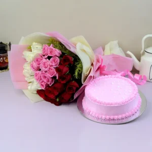 karachi delivery:Bouquet and strawberry cake,