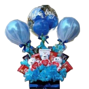 Sky blue flower balloon with a tag highlighting same-day online delivery in Karachi