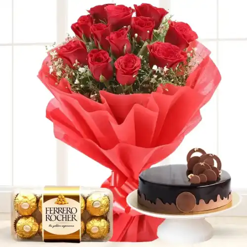 Aromatic Romance Bouquet Combo with red roses, Ferrero Rocher chocolates, and chocolate cake for same day flower delivery in Karachi.
