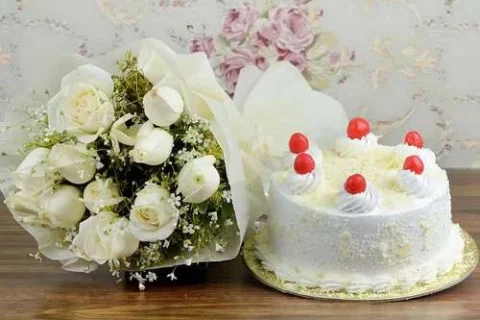 Frosted Fantasy Combo with white roses, cake & custom card – perfect anniversary gifts in Karachi.
