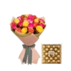Joyful Fusion combo with mixed pink & yellow roses and 24-piece Ferrero chocolate box for online delivery in Karachi