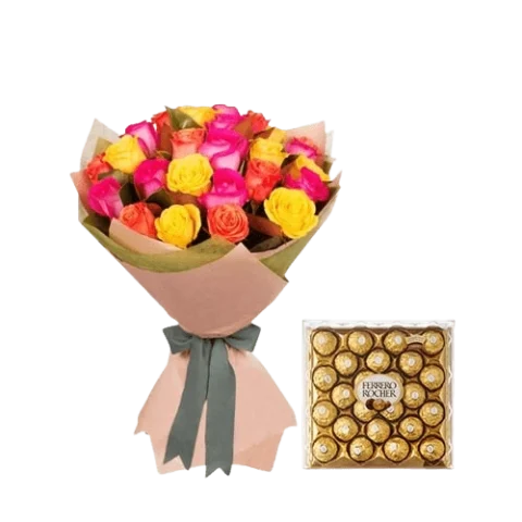 Joyful Fusion combo with mixed pink & yellow roses and 24-piece Ferrero chocolate box for online delivery in Karachi