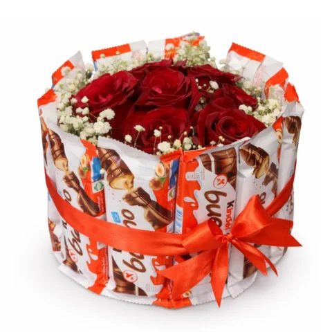 Kinder chocolate arrangement with roses to surprise loved ones on every occasion in Karachi