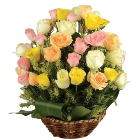 Mixed Roses Basket with fresh red, yellow, and pink roses – perfect for online delivery in Karachi to express love, joy, and appreciation
