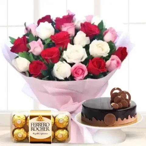 Romance Trio Combo with mixed roses bouquet, Ferrero Rocher chocolates, chocolate cake, and greeting card for same day delivery in Karachi.