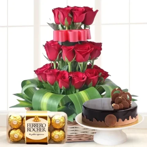 oseCake Combo Charm – anniversary gift with red roses, cake & 16 Ferrero chocolates, delivery in Karachi