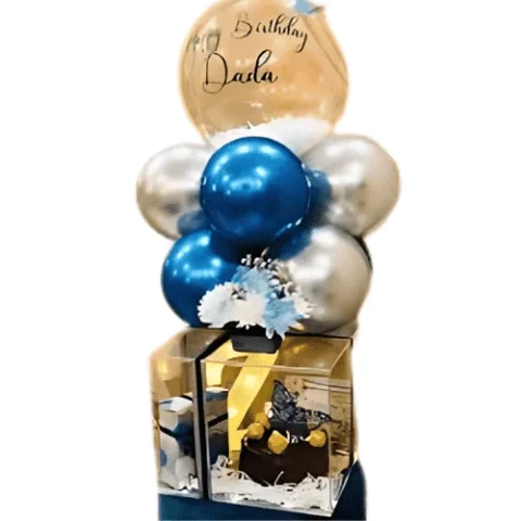 Silver & Blue Acrylic Hamper with cake, flower box, balloons & alphabet light for online delivery in Karachi.
