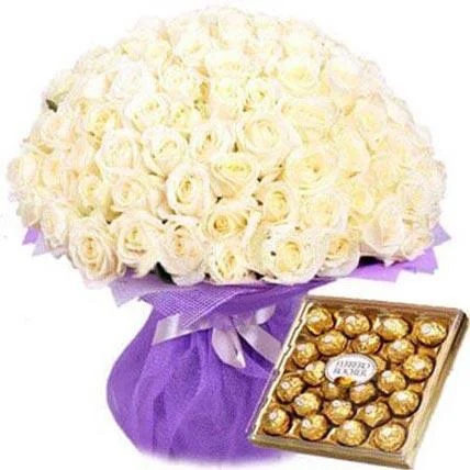 Happiness Forever Floral Gift Combo White Roses Bouquet & Ferrero Chocolate Box ready to deliver in Karachi.