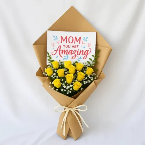 12 yellow roses with a greeting card for Mom. Free Karachi delivery – the perfect last-minute Mother’s Day Floral Gift!