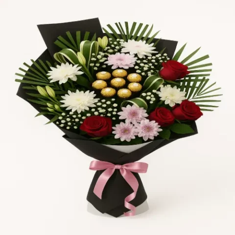 Golden Bloom Bouquet: Exquisite Blend of Flowers & Chocolates. The perfect gift to send flowers to Karachi.