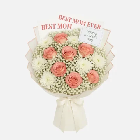 Mother's Day flowers bouquet with fresh roses, chrysanthemums, free card, and same-day delivery in Karachi