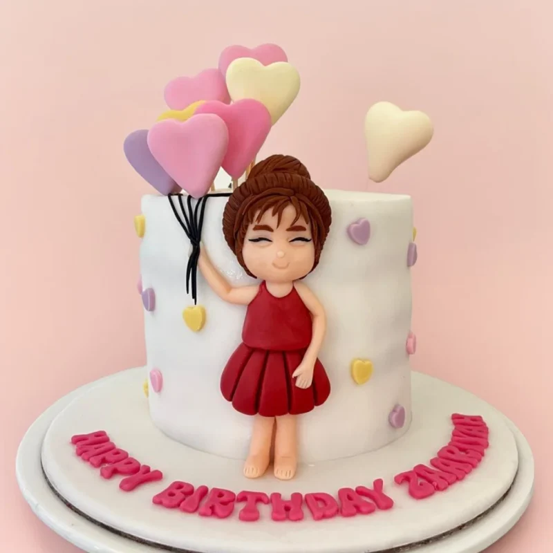 Personalized doll birthday cake for girls with name and balloons – order online with free delivery in Karachi.