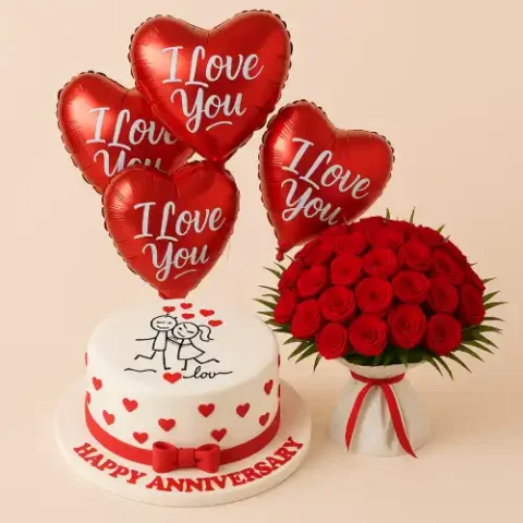 Anniversary Bliss Gift Set with red roses bouquet, 2–3 pound cake, balloons & greeting card with same-day delivery in Karachi.
