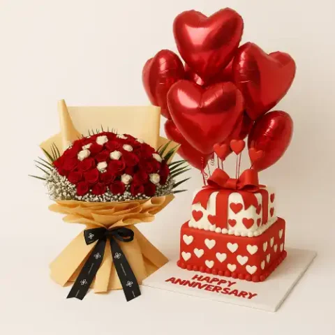 The Perfect Anniversary Gift Set with roses, cake, chocolates & balloons. Send anniversary flowers to Karachi same day.