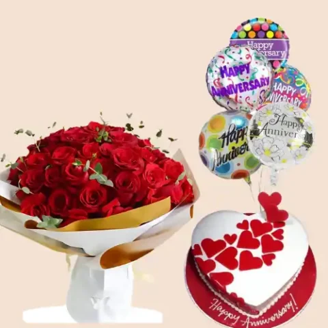 Anniversary Love Bundle with red roses bouquet, anniversary cake, and festive balloons for online delivery in Karachi