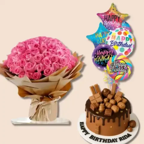 Birthday Surprise Bundle with fresh flowers and gifts, perfect for online flower delivery in Karachi