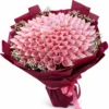 5K Eidi Money Bouquet with 100-rupee notes, wrapped in burgundy paper with baby’s breath, for online money bouquet delivery in Karachi.
