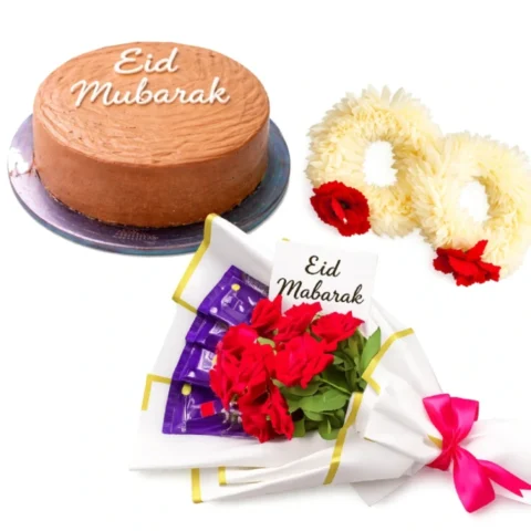 Eid Celebration Treat with chocolate flower bouquet, 1 pair of gajra, and 2 pounds of cake, perfect for Eid gifting in Karachi.