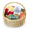 Eid Joyful Gift Basket – Twix bars, earrings, bangles, jumkas, fresh flowers, gajray, Eid Mubarak card, and mehndi cone for a perfect Eid surprise.