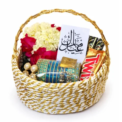 Eid Joyful Gift Basket – Twix bars, earrings, bangles, jumkas, fresh flowers, gajray, Eid Mubarak card, and mehndi cone for a perfect Eid surprise.