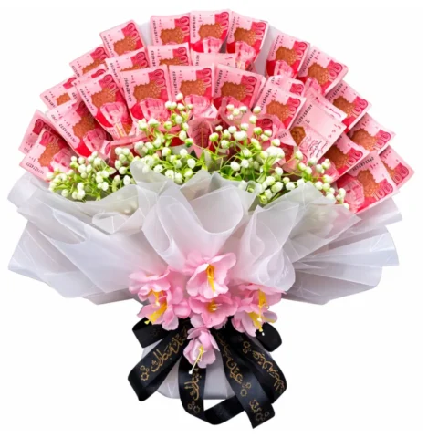 Elegant Eidi 5K Rs 100 Notes Bouquet for Eid delivery in Karachi – Fresh flowers with Rs 5,000 notes, limited stock available. Order now!