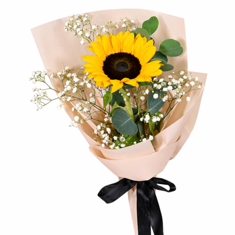 Single sunflower bouquet with baby breath flowers for online flowers delivery in Karachi with same day delivery service